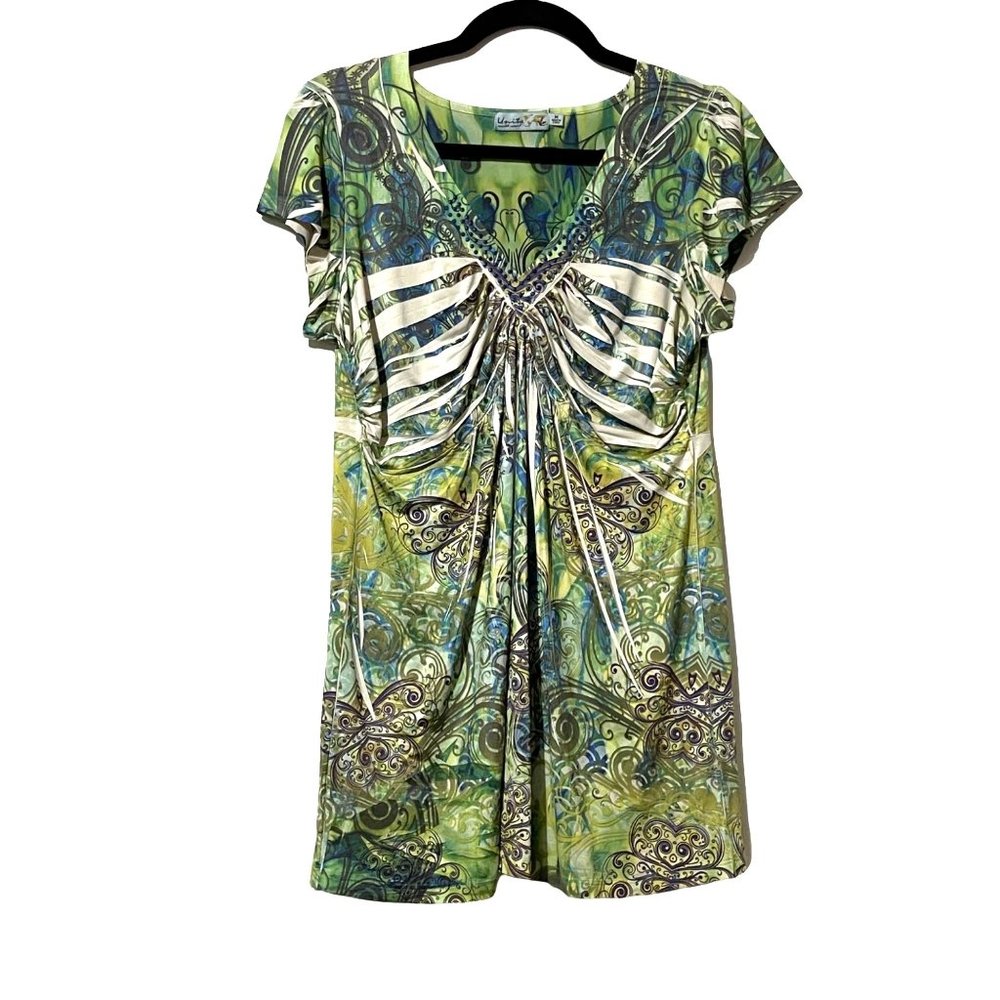 Unity Flutter Short Sleeve Boho Green/Blue Print … - image 1